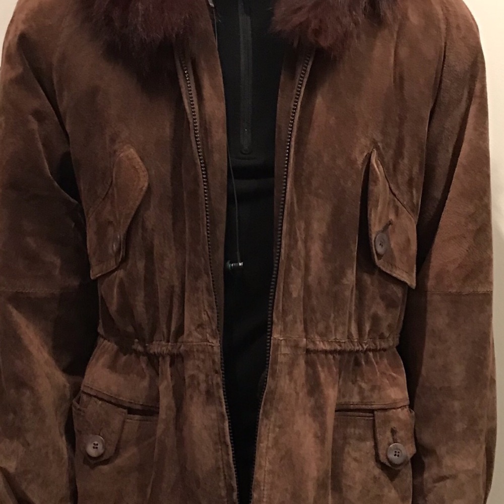 Genuine Leather Fox Fur Parka Hooded Suede Coat XS - Picture 3 of 4